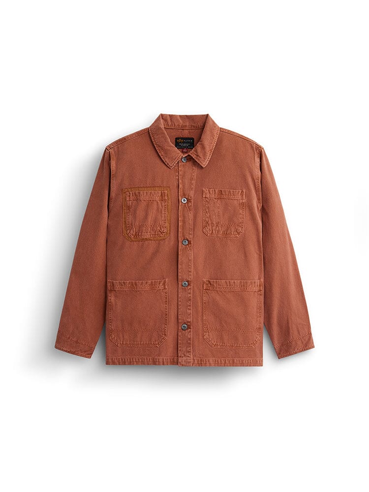 Alpha Industries Ctn Chore Coat in Muted Saffron, garment washed cotton, collar, button front, three front pockets with nylon details.