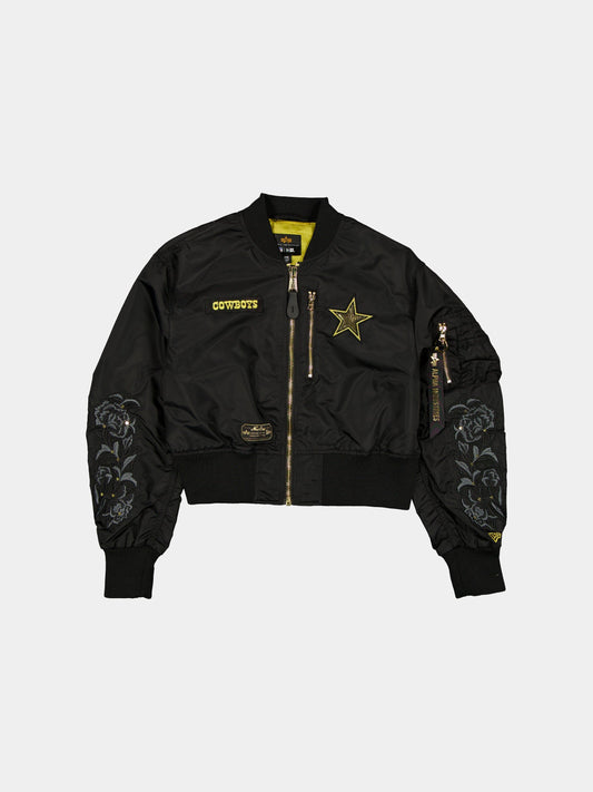 DALLAS COWBOYS X ALPHA X NEW ERA L-2B CROPPED BOMBER JACKET WOMENS OUTERWEAR Alpha Industries BLACK/GOLD XS