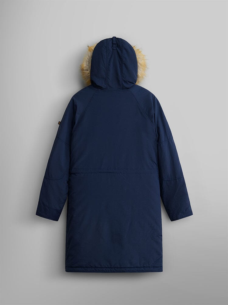 Back view of the Elyse Gen II Parka W by Alpha Industries, a navy blue hooded parka jacket featuring faux fur trim on the hood.