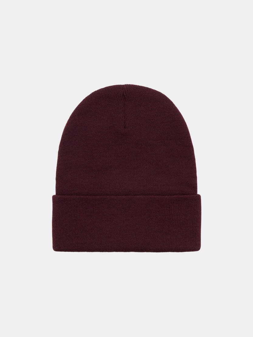 Alpha Industries Essential Beanie, dark burgundy knit hat with folded cuff and subtle Alpha label.