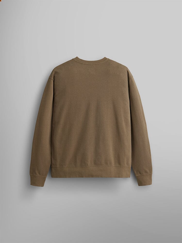 Displayed is a brown long-sleeve unisex Essential Crewneck from Alpha Industries, shown from the back and featuring the subtle brand logo.