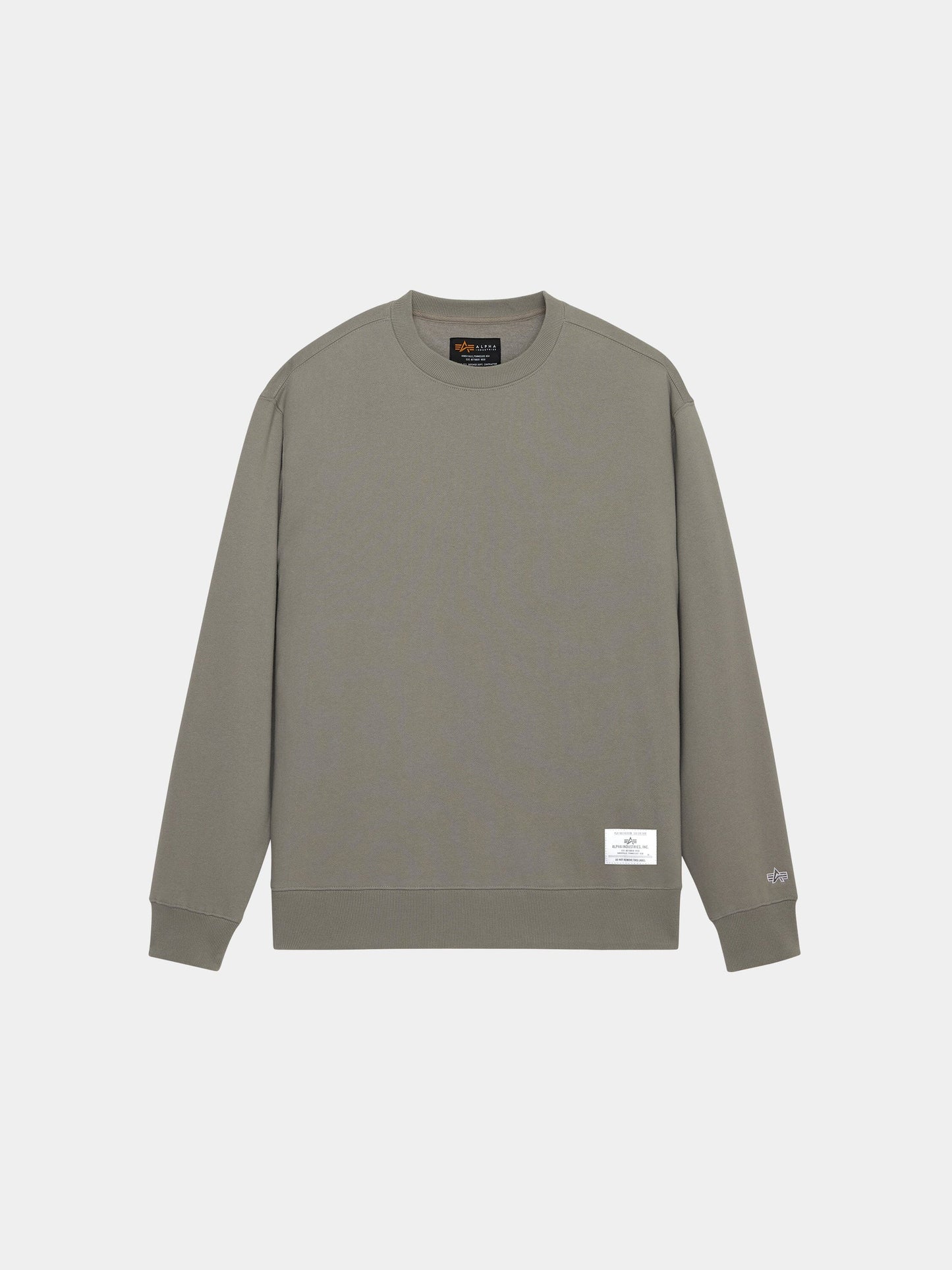 Alpha Industries Essential Crewneck, long-sleeve cotton blend sweater in mid gray with ribbed cuffs, hem, patch, and sleeve logo.