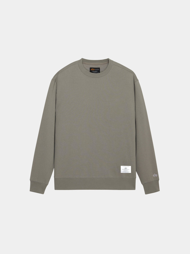Alpha Industries Essential Crewneck, long-sleeve cotton blend sweater in mid gray with ribbed cuffs, hem, patch, and sleeve logo.