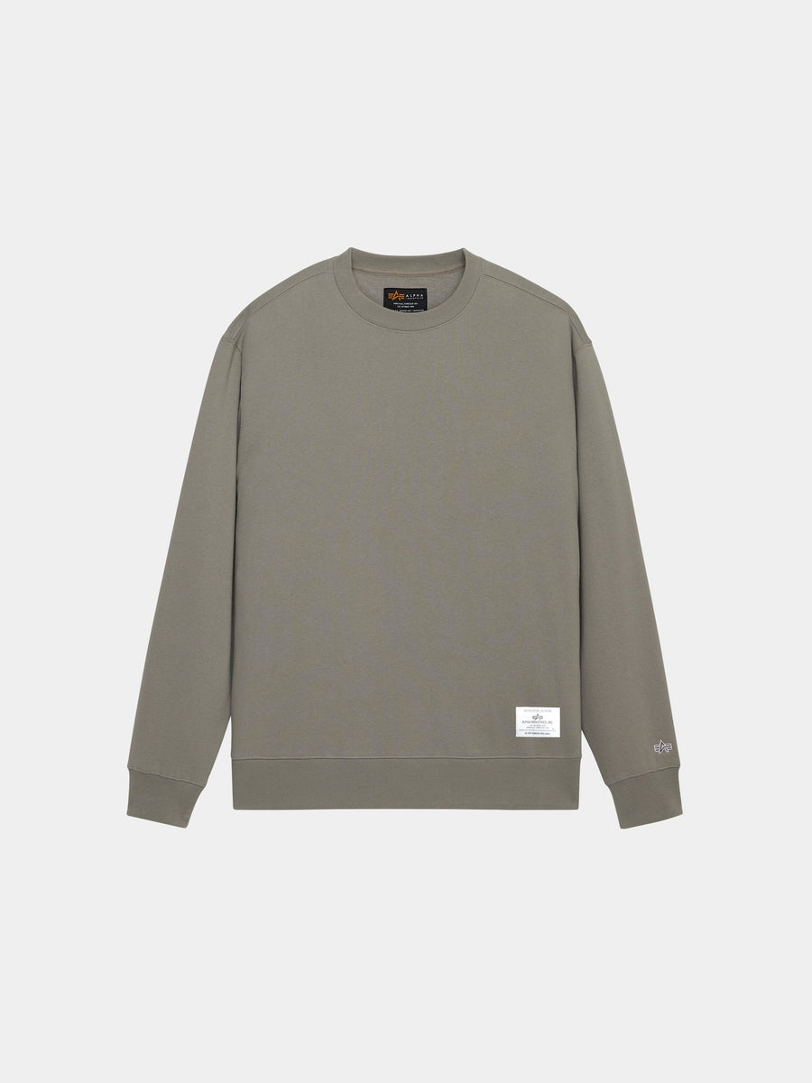 Alpha Industries Essential Crewneck, long-sleeve cotton blend sweater in mid gray with ribbed cuffs, hem, patch, and sleeve logo.