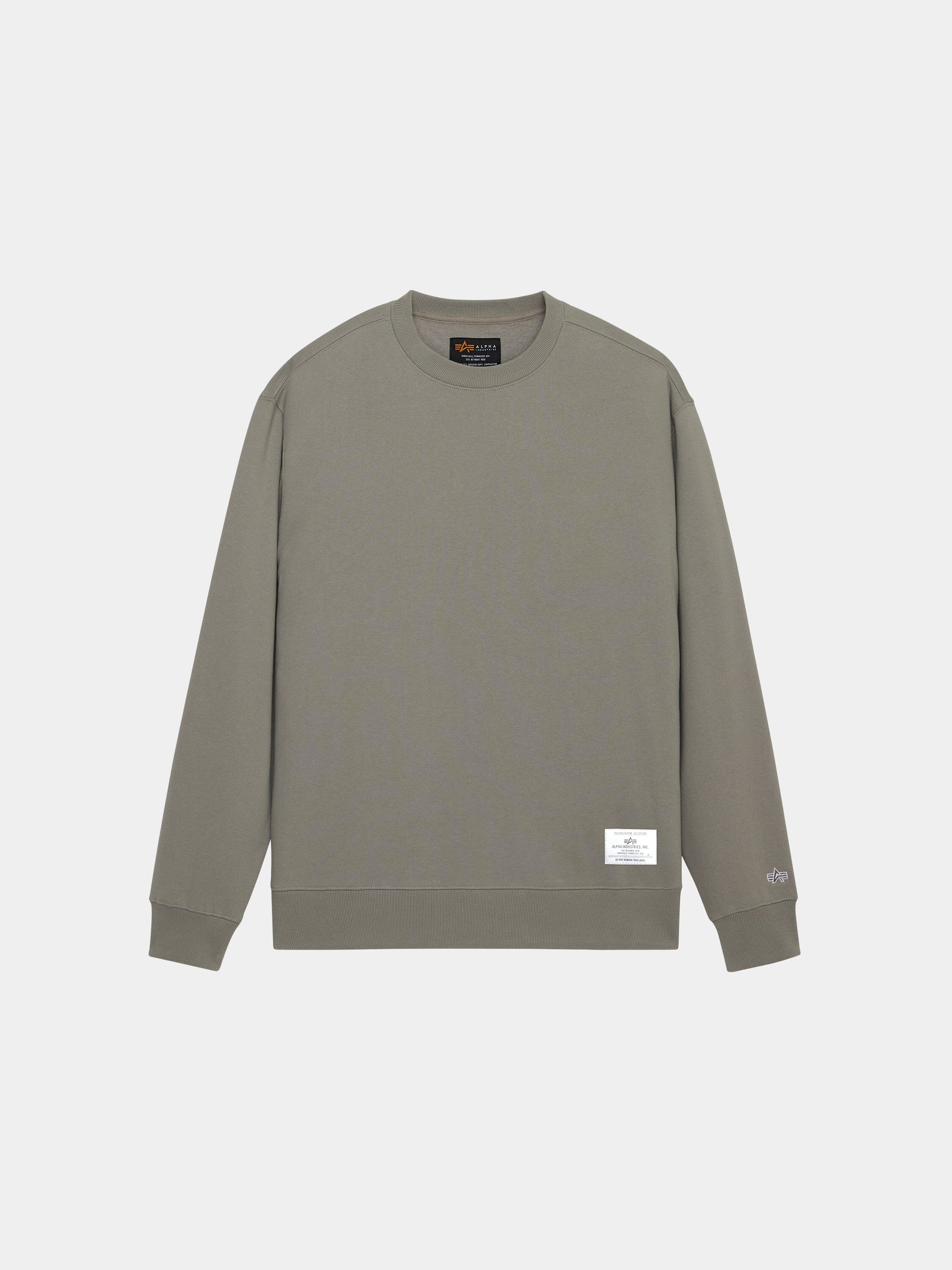 Alpha Industries Essential Crewneck, long-sleeve cotton blend sweater in mid gray with ribbed cuffs, hem, patch, and sleeve logo.
