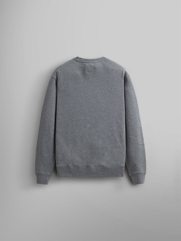 The Unisex Essential Crewneck by Alpha Industries Is Displayed from the Back. It Features a Gray Cotton Blend with Long Sleeves and a Subtle Logo.