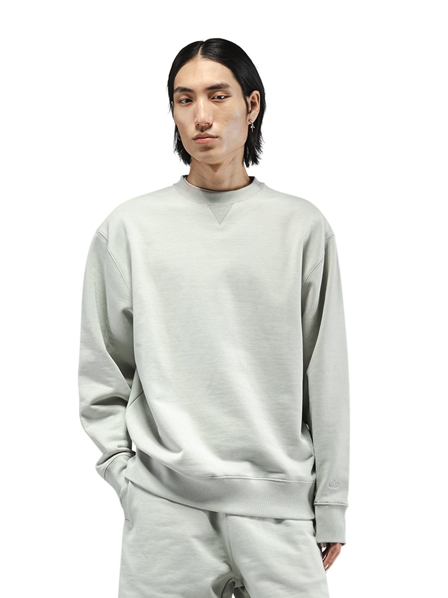 Alpha Industries Essential French Terry Crewneck Gen II in Light Gray, features MA-1 details and subtle Alpha logo.