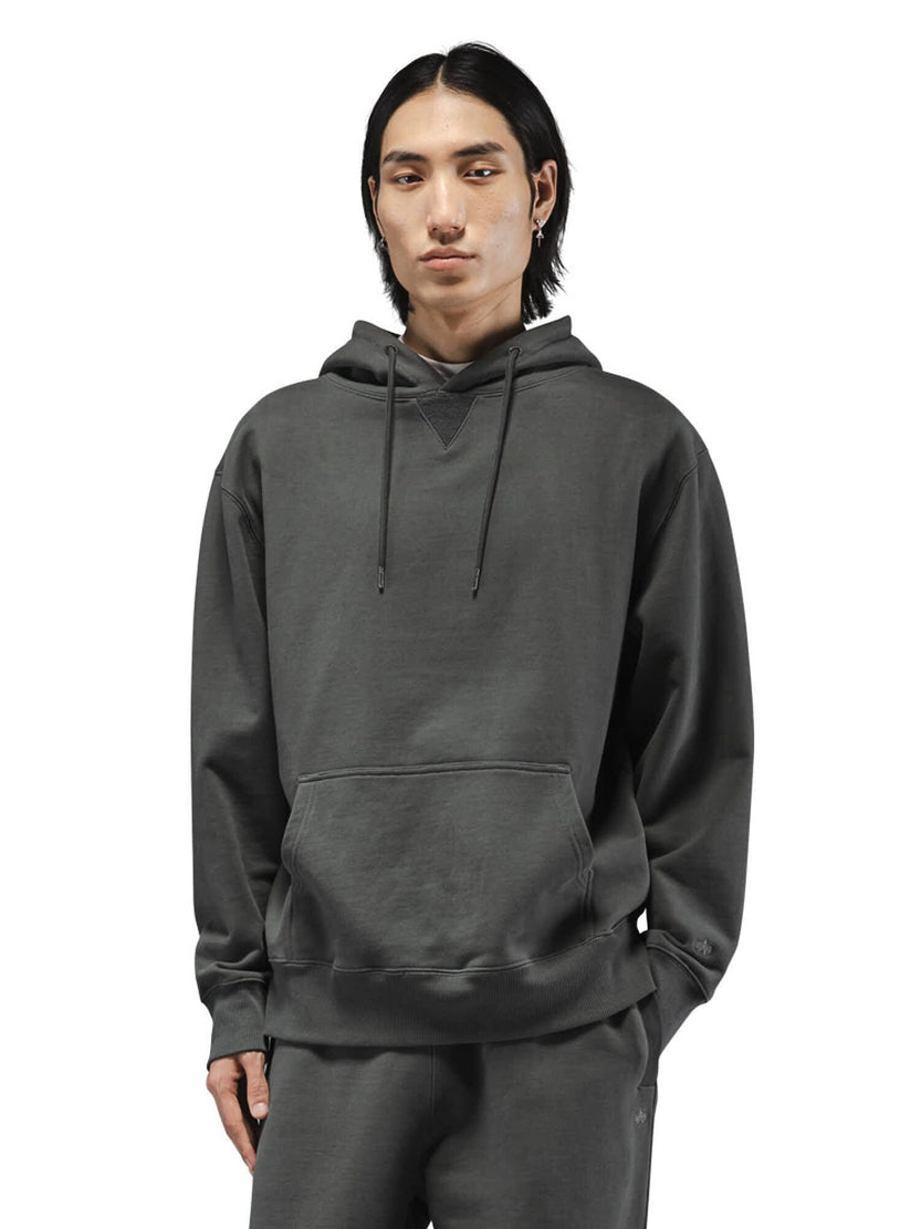 Alpha Industries Essential French Terry Hoodie Gen Ii and Sweatpants in Charcoal Gray.