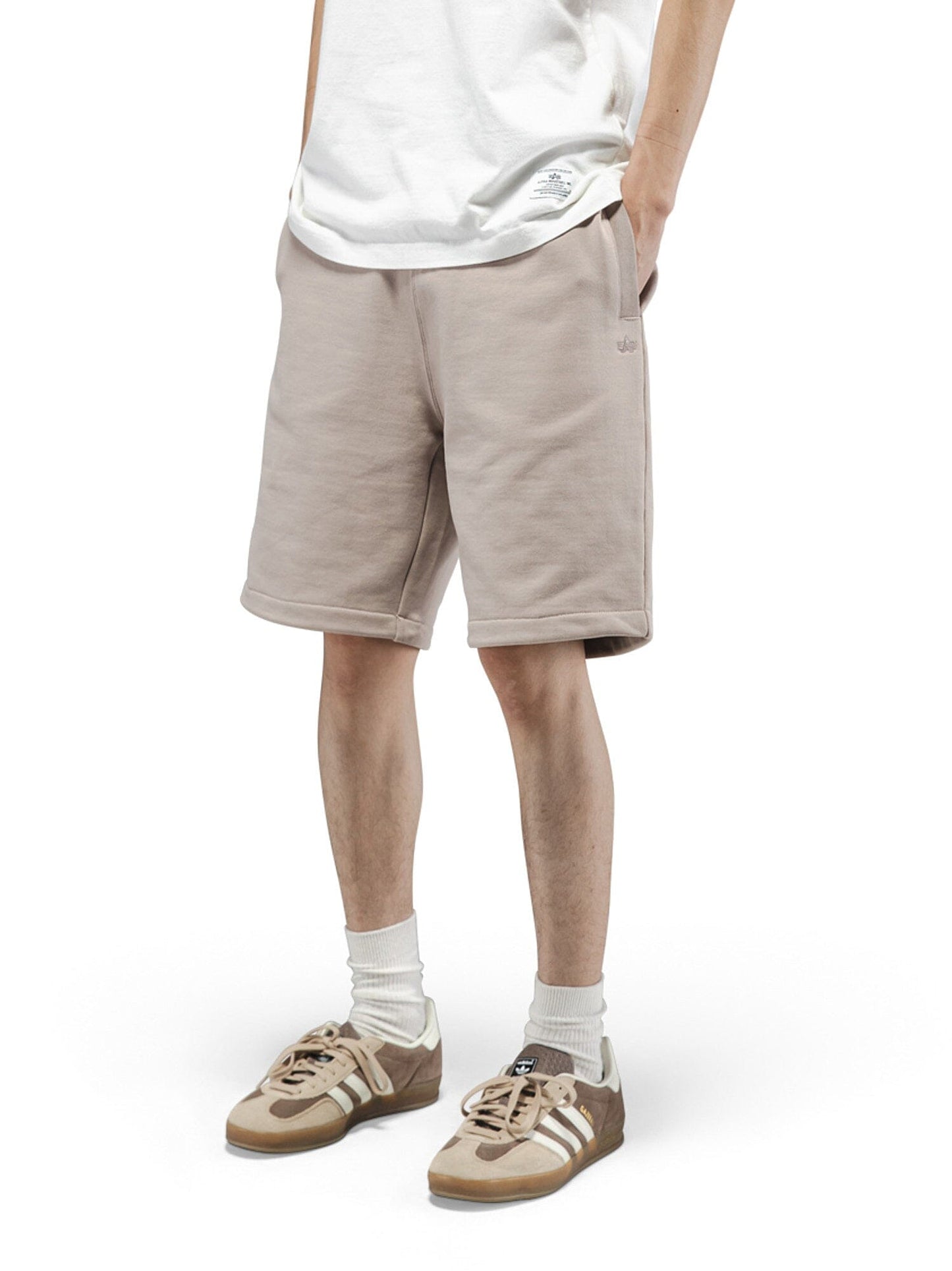 Alpha Industries Essential French Terry Short in Beige, Drawstring Waist, Side Pockets.