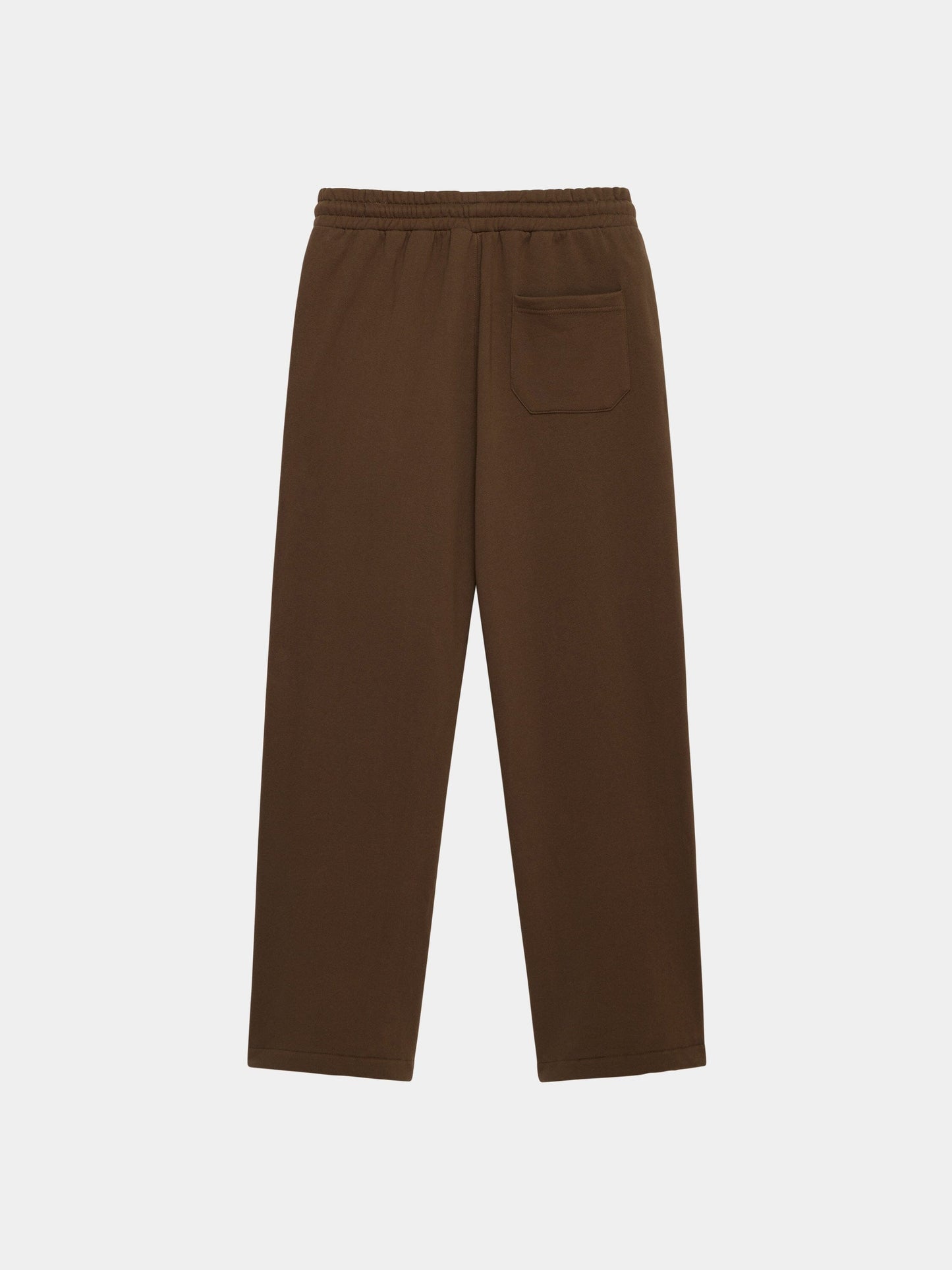 Alpha Industries Essential Sweatpants, brown cotton with elastic waistband, single back pocket, and tapered leg.