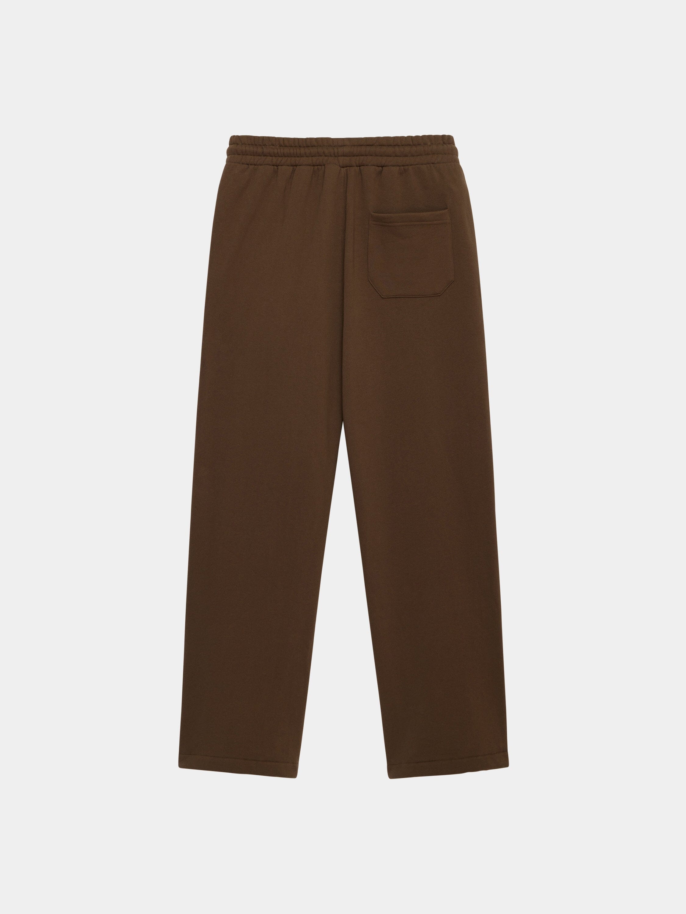 Alpha Industries Essential Sweatpants, brown cotton with elastic waistband, single back pocket, and tapered leg.