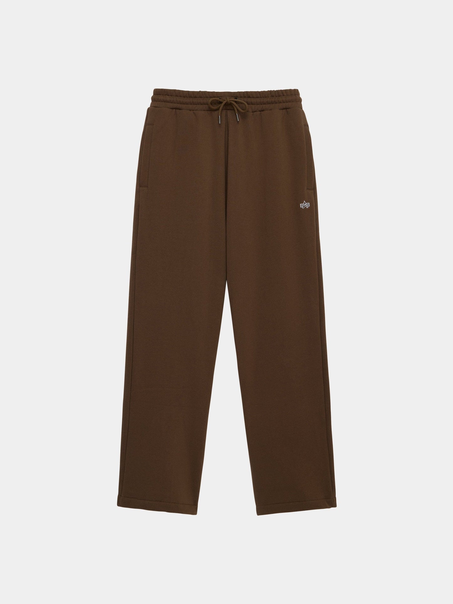 Alpha Industries Essential Sweatpants in espresso, straight-leg cotton with elastic waistband, drawstring, side pockets, small logo.