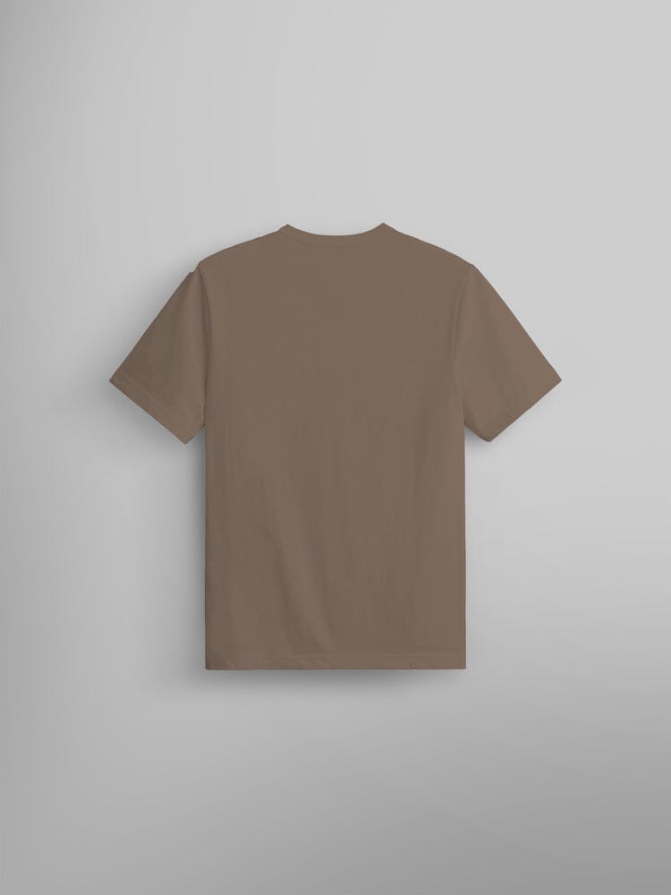 Alpha Industries Essential Tee, plain brown cotton shirt, back side visible.