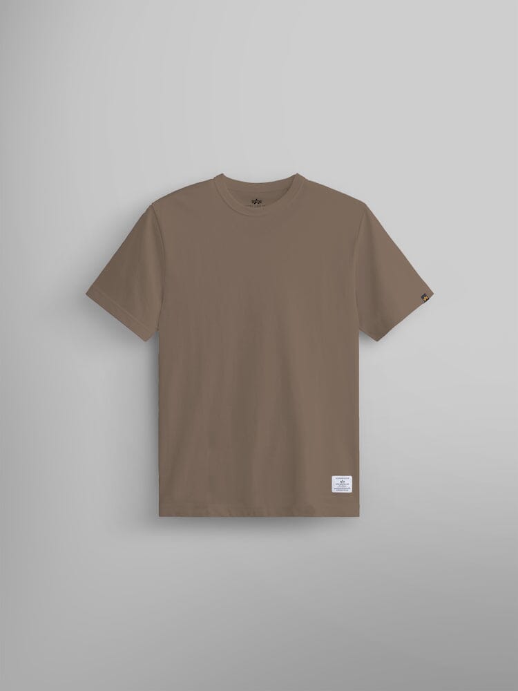 Alpha Industries Essential Tee, brown cotton shirt with patch near the bottom right hem.