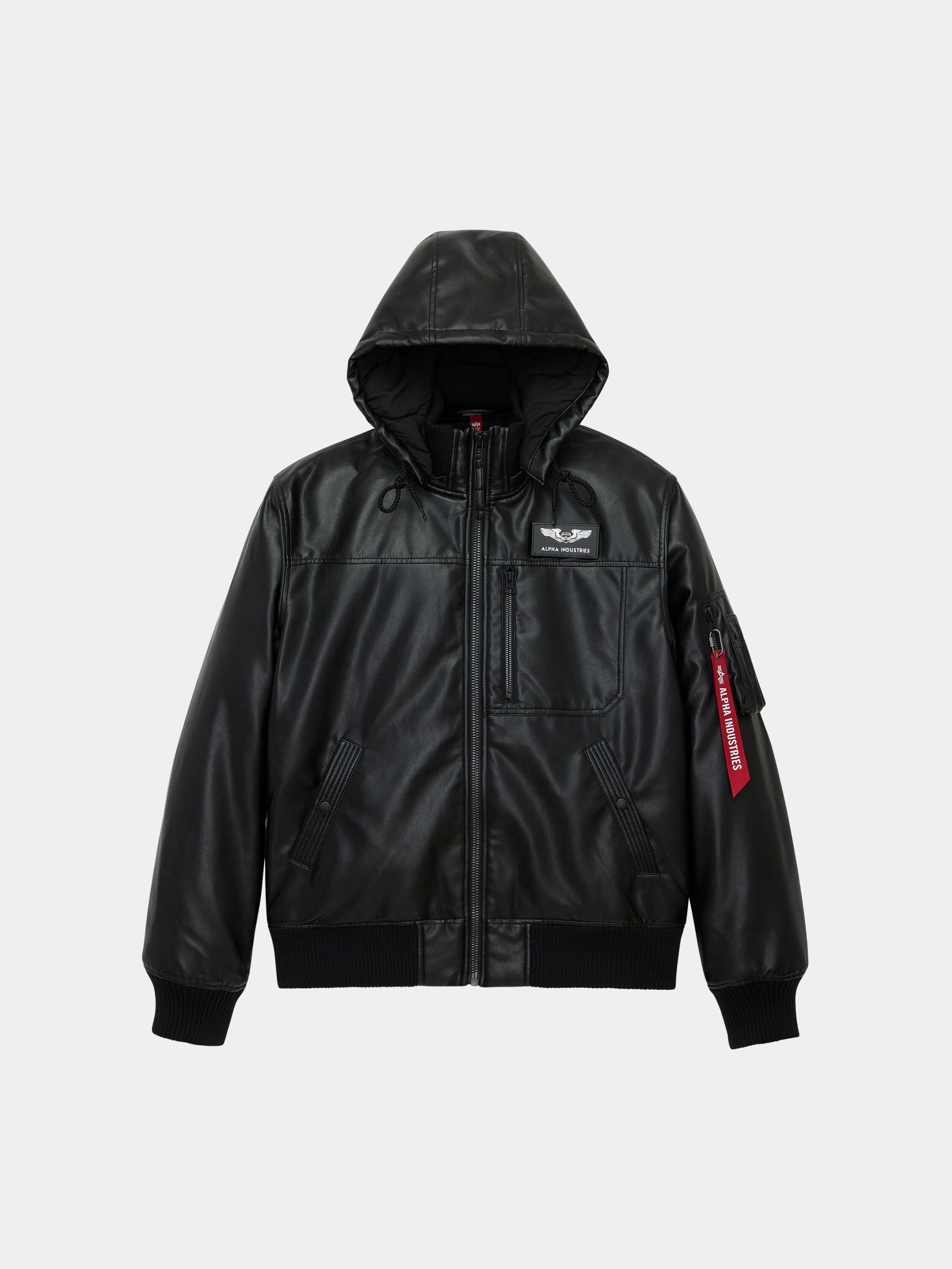 Faux Leather Hooded Rib Flight Jacket | Alpha Industries