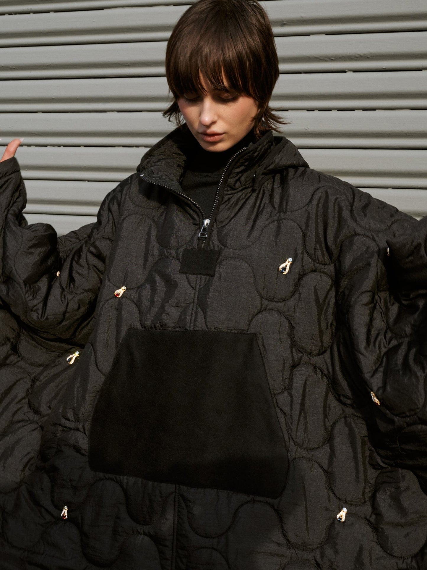 Alpha Industries GBDG X Alpha Upcycled Beaded Poncho, Black, Intricate Embroidery, Oversized Design, Large Front Pocket.