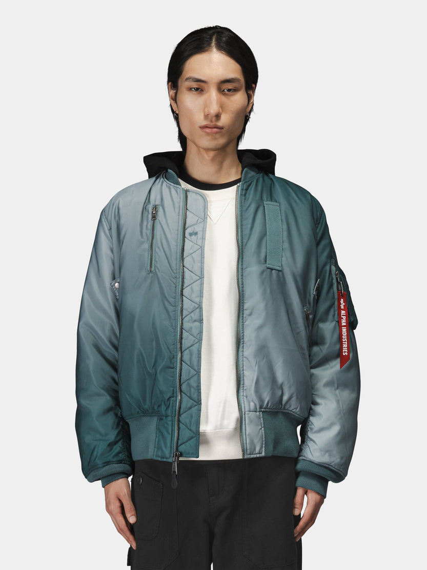 Alpha Industries Gradient Washed Flight Jacket in teal with front zipper closure.