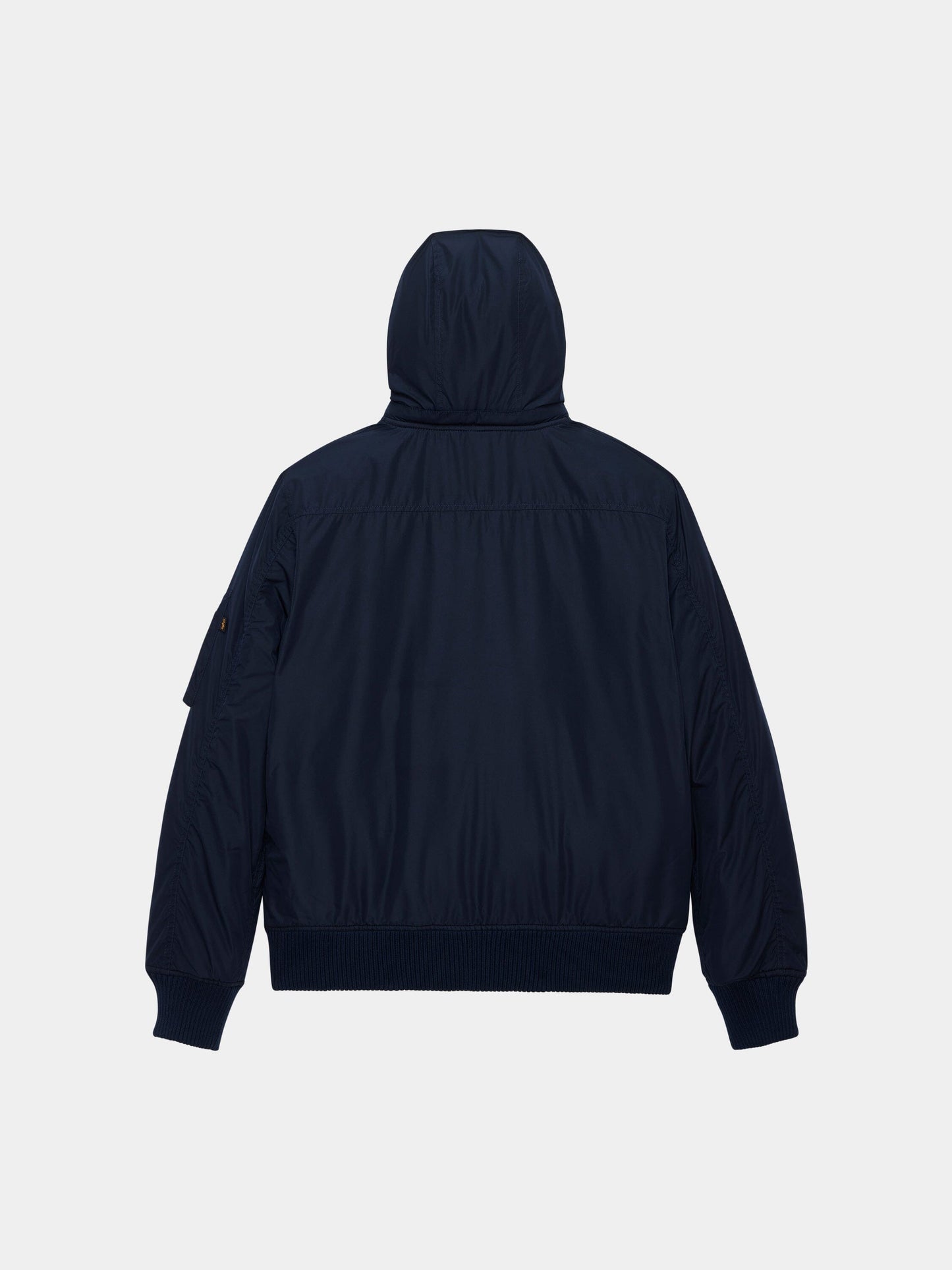 Alpha Industries Hooded Rib Flight Jacket in navy blue with ribbed cuffs, waistband, and utility sleeve pocket.