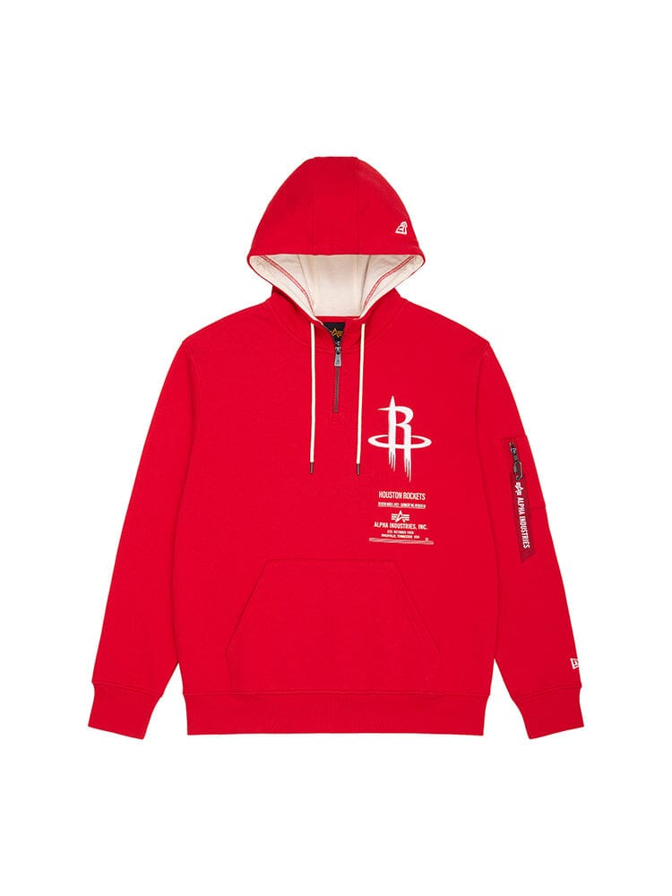 The Houston Rockets x Alpha x New Era Hoodie by Alpha Industries comes in red, with a heavyweight fleece construction showcasing the team logo, front pocket, and a stylish sleeve zipper for added flair.