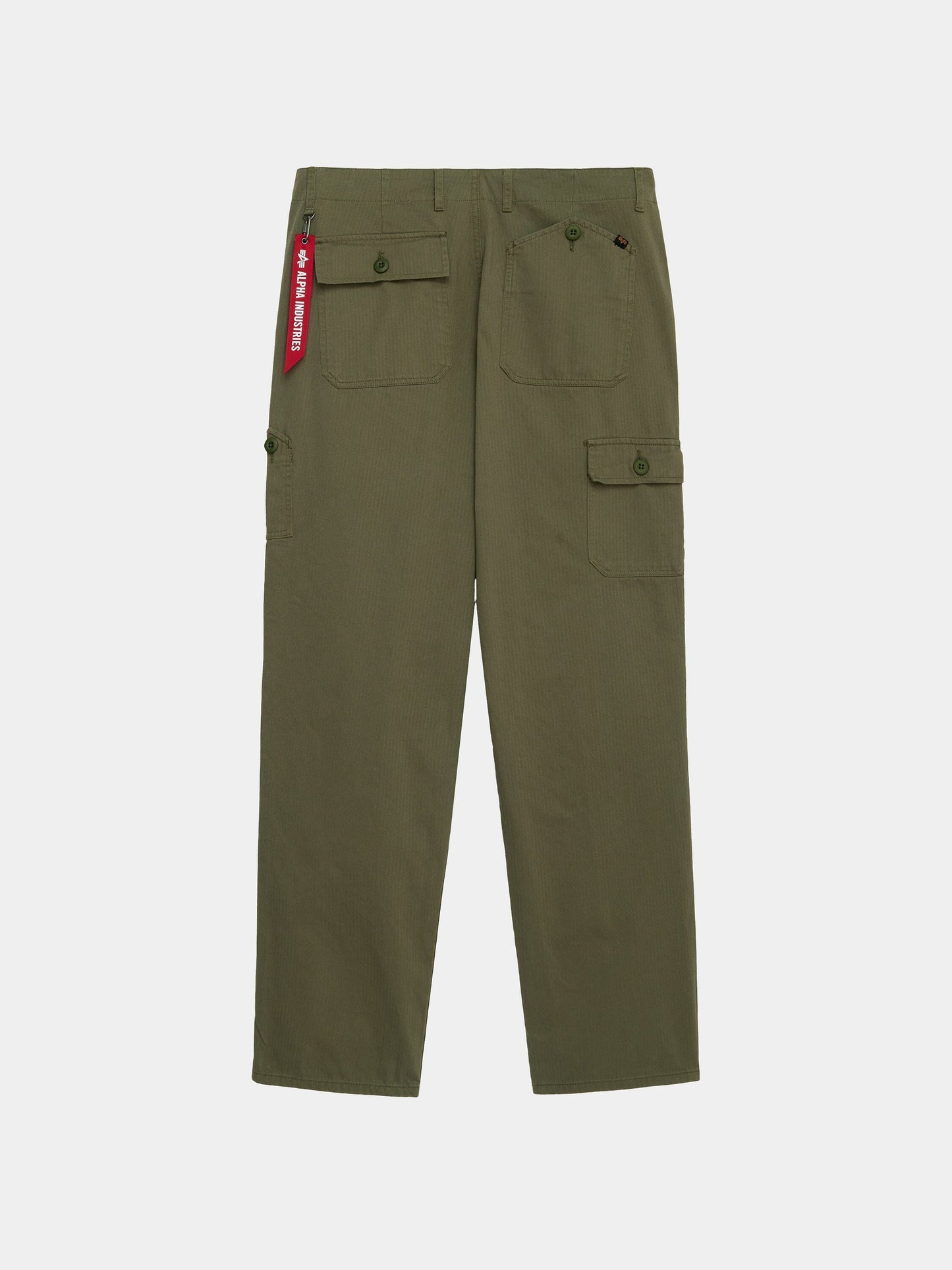 Alpha Industries Hungarian Fatigue Mod Pant in olive green made from cotton herringbone with multiple pockets and red tag on left back pocket.