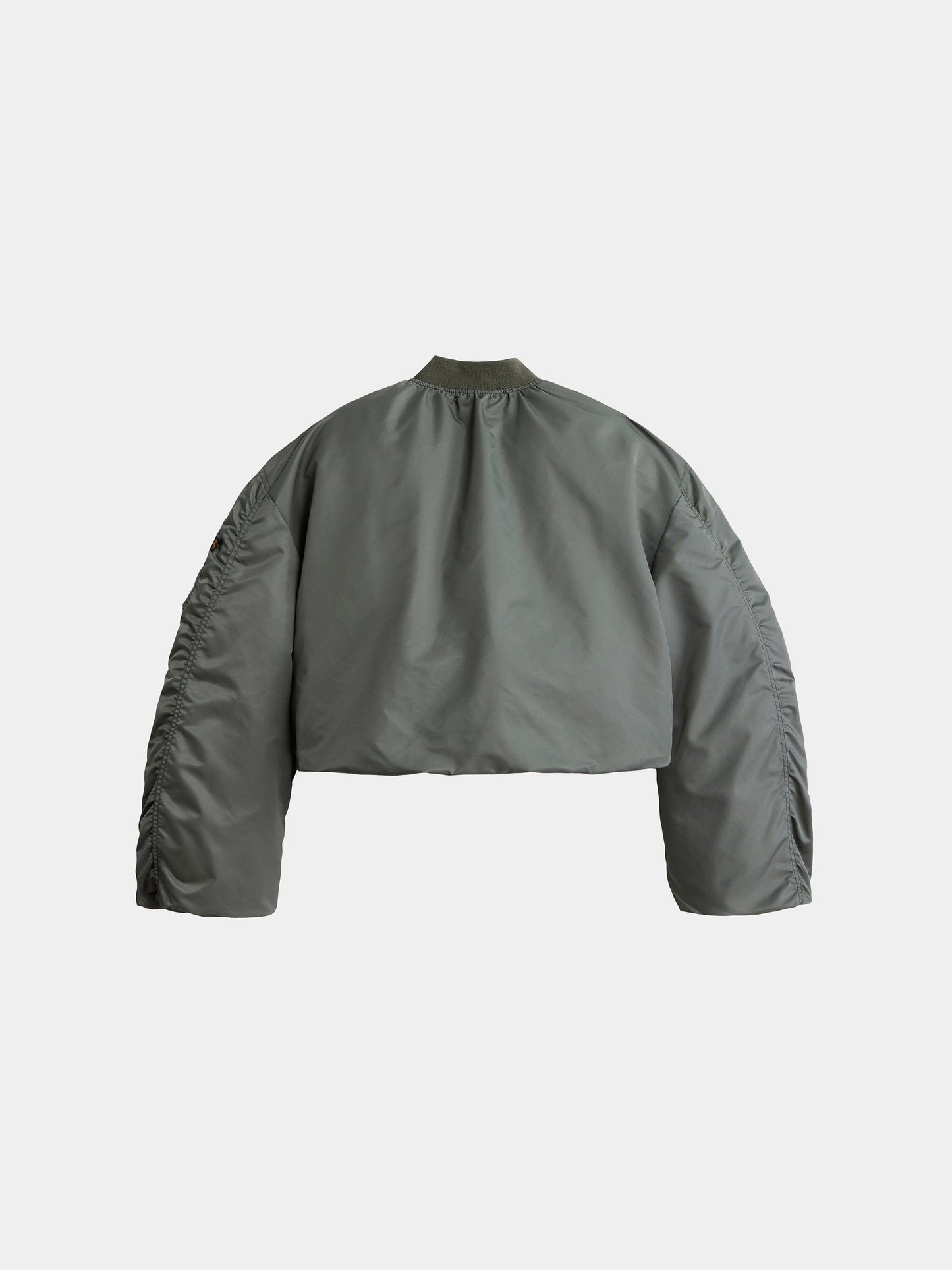 Alpha Industries Knit Rib MA-1 Flight Jacket Womens, cropped dark green jacket with ruched long sleeves.