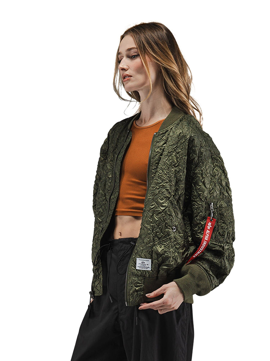 Alpha Industries L-2B Bubble Flight Jacket W, Olive Green, Nylon, Ribbed Cuffs and Hem, Front Zipper Closure.