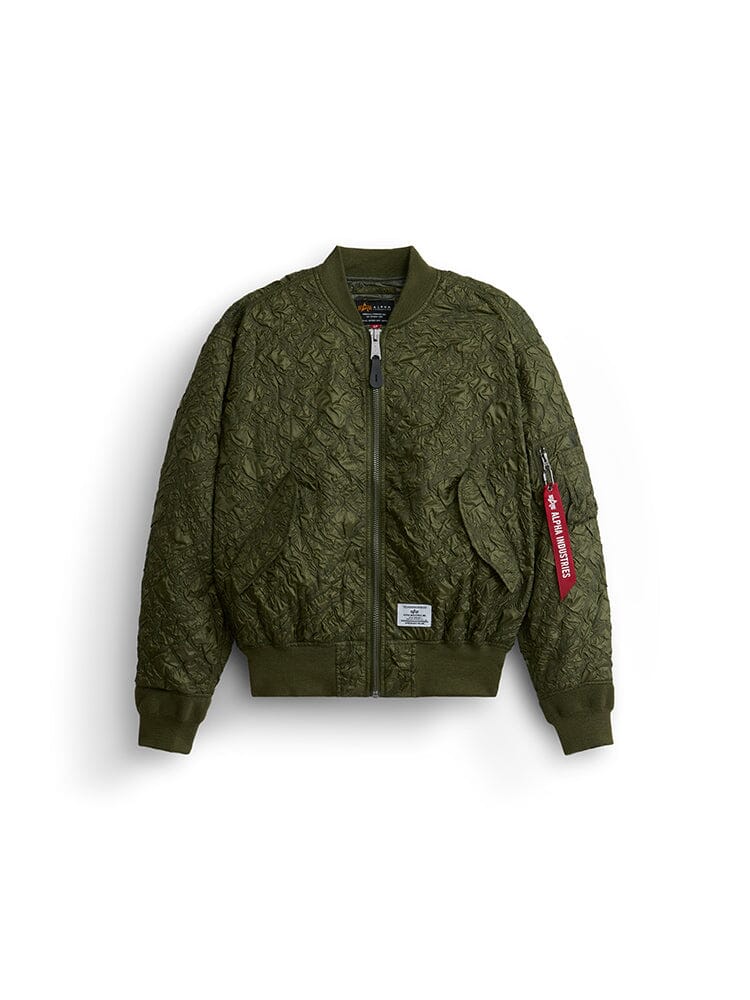 Alpha Industries L-2b Bubble Flight Jacket Og-107 Green, quilted shell, front zipper, ribbed cuffs and hem, red sleeve tag.