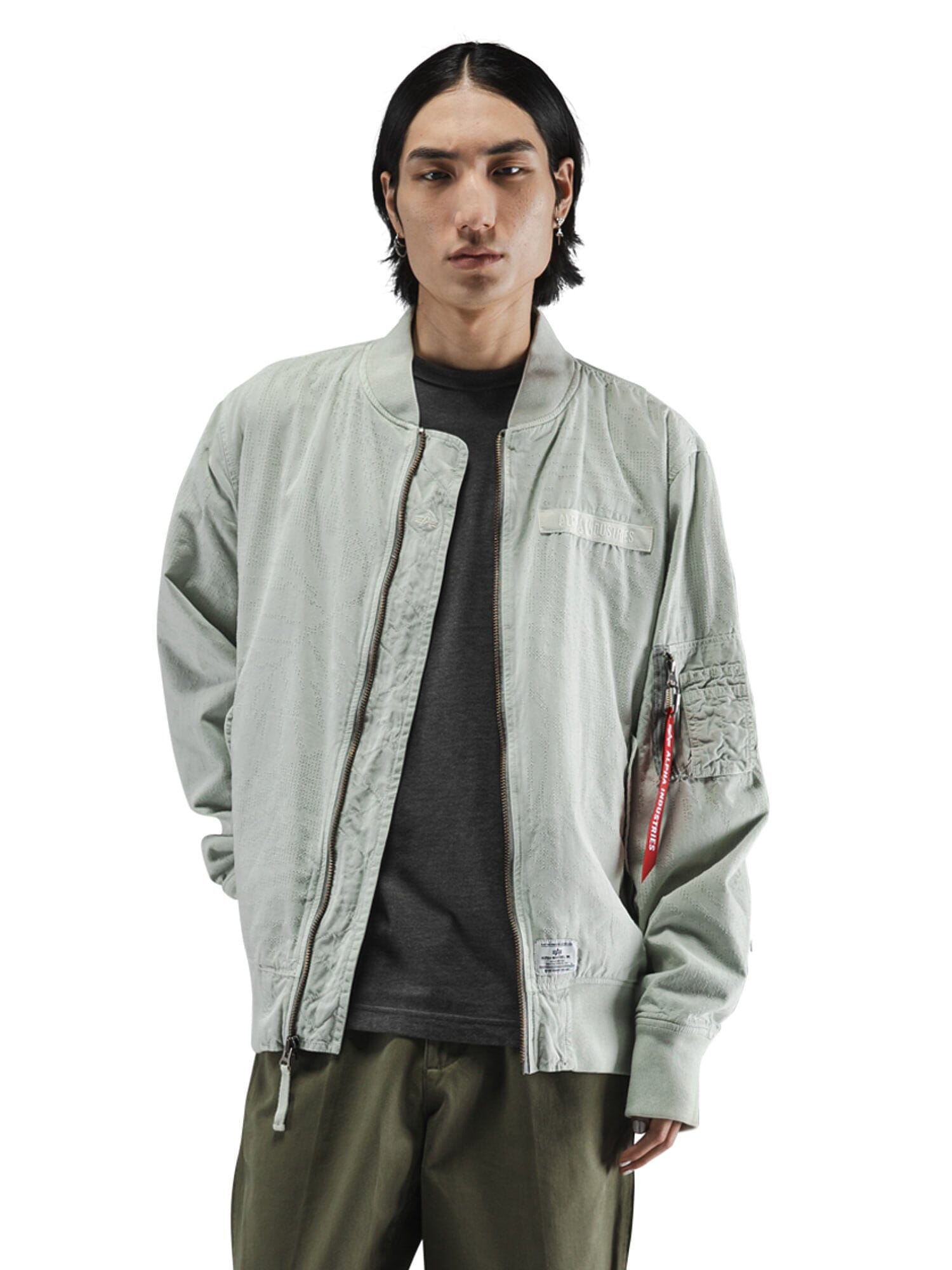 Alpha Industries L-2B Dotted Camo Flight Jacket, light gray, camo print, zip closure.