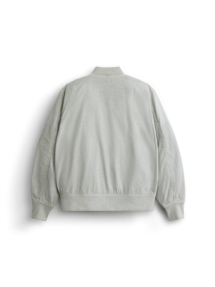 Alpha Industries L-2b Dotted Camo Flight Jacket, Light Gray, Ribbed Cuffs, Collar, Hem, MA-1 Utility Pocket Detail.