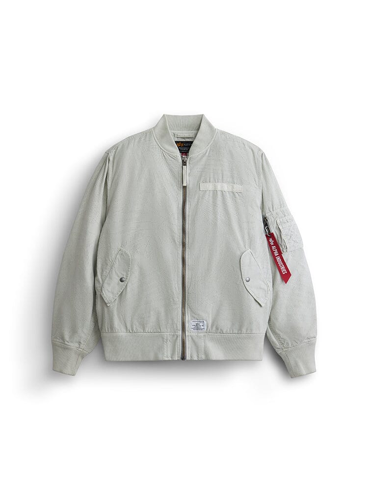 Alpha Industries L-2B Dotted Camo Flight Jacket, light gray, front zipper, ribbed collar, cuffs and hem, zippered utility sleeve pocket, attached red tag.