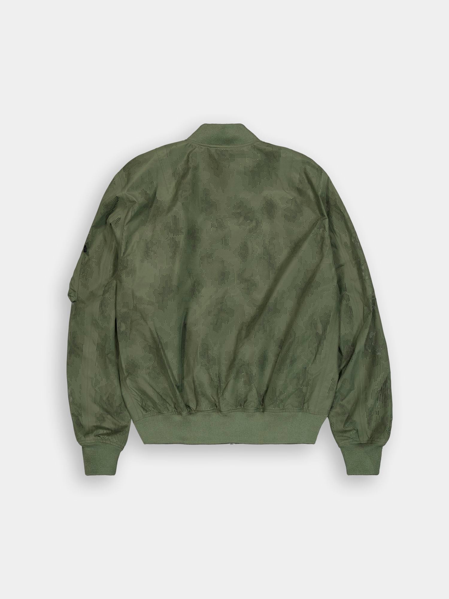 Alpha Industries L-2b Laser Cut Flight Jacket, green, camo pattern, ribbed cuffs, waistband, collar.