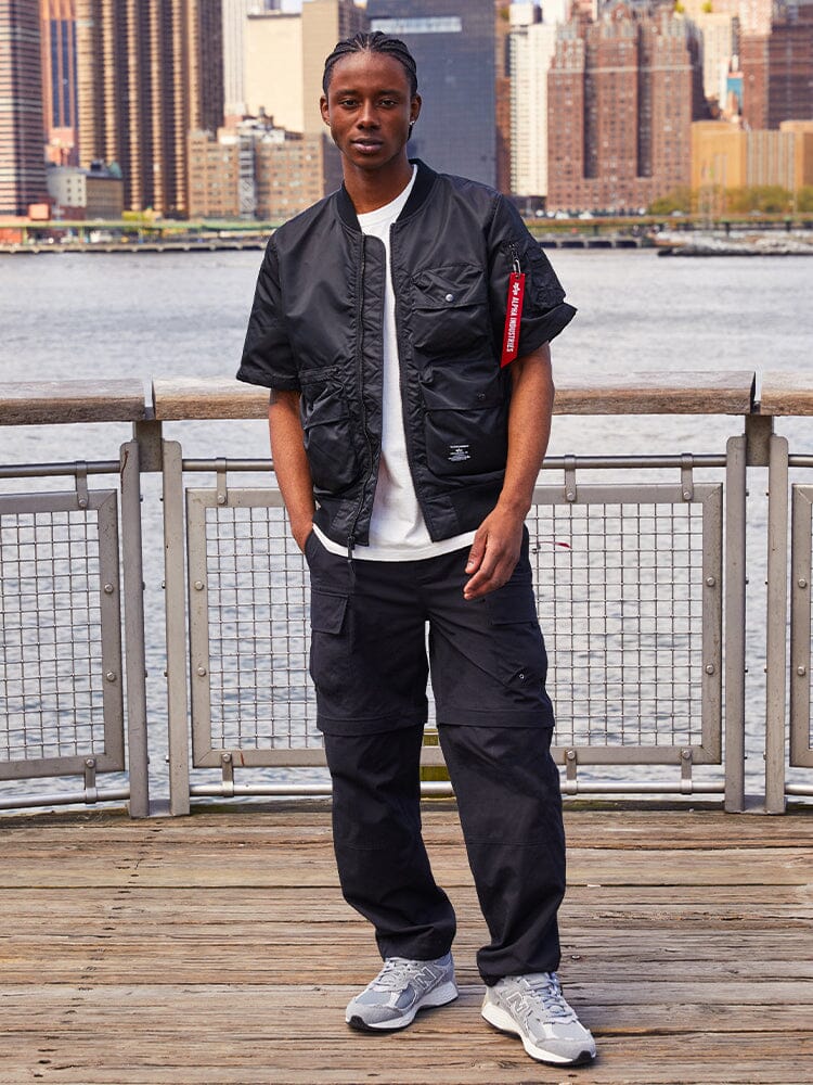 Alpha Industries L-2B Short Sleeve Bomber Jacket, white, lightweight material, zip front closure.