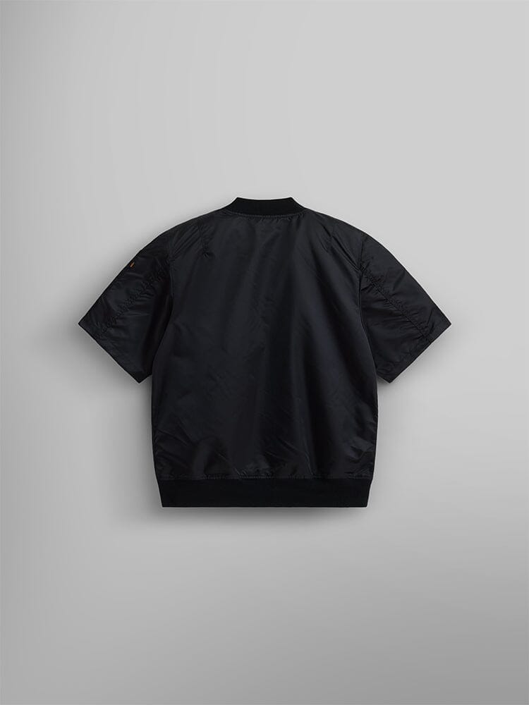 Alpha Industries L-2B Short Sleeve Bomber Jacket, black water-resistant nylon, back side, MA-1 design.