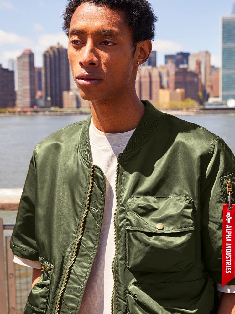 Alpha Industries L-2B Short Sleeve Bomber Jacket, red tag, utility pocket.