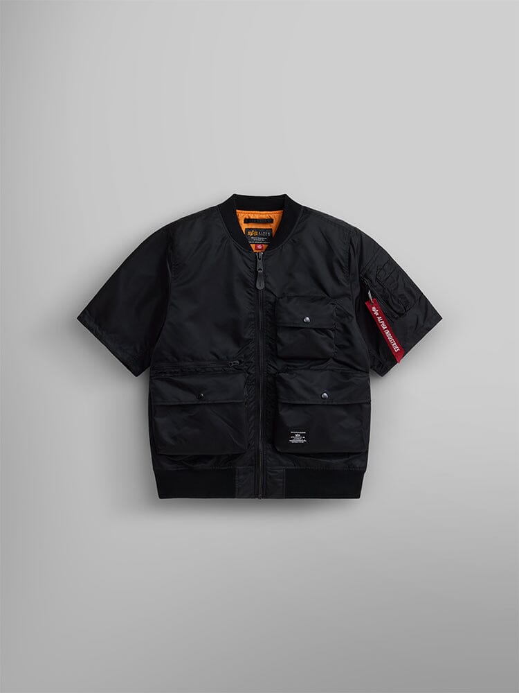 Alpha Industries L-2B Short Sleeve Bomber Jacket, Black, water-resistant nylon, front zipper, utility pocket details, red tag on left sleeve.
