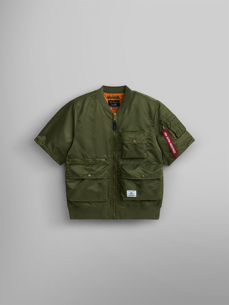 Alpha Industries L-2B Short Sleeve Bomber Jacket, OG-107 Green, nylon, multiple front pockets, zip closure, orange lining, red Remove Before Flight tag on left sleeve.