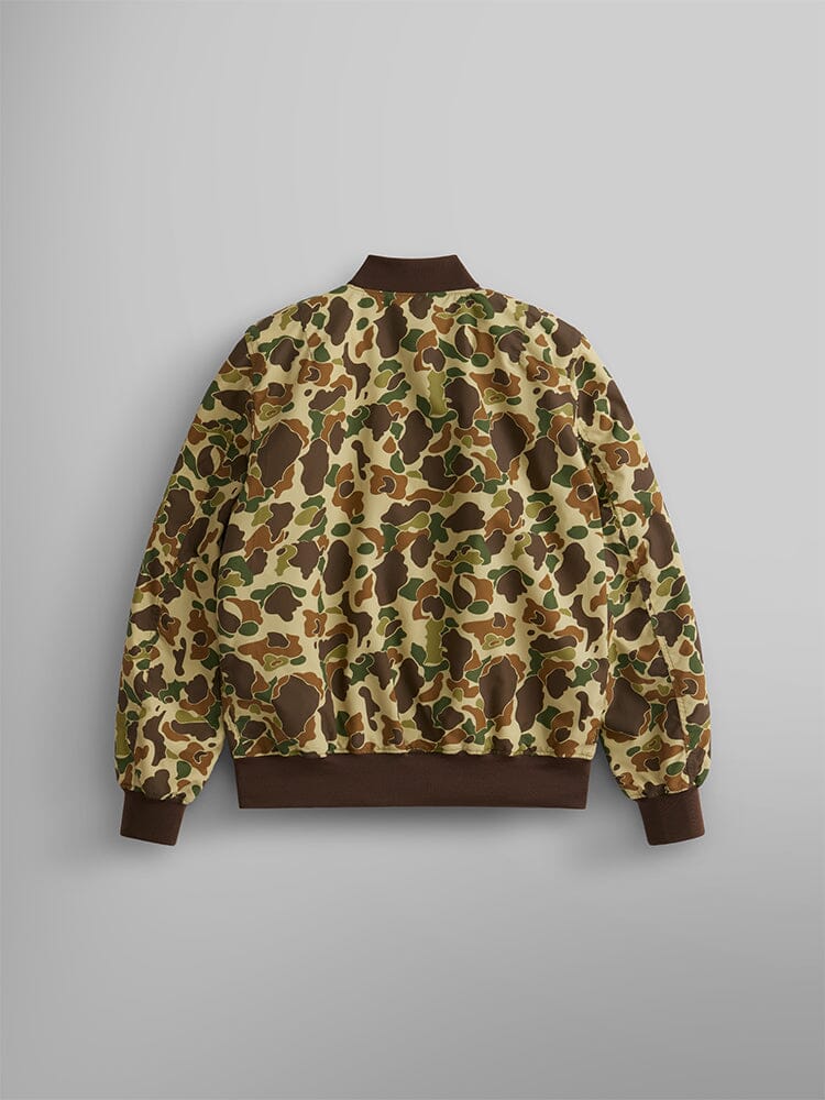 The L-2B Skymaster Gen II Bomber Jacket by Alpha Industries, Inc. is a water-resistant bomber featuring a camouflage pattern and brown cuffs, hem, and collar, displayed from the back.