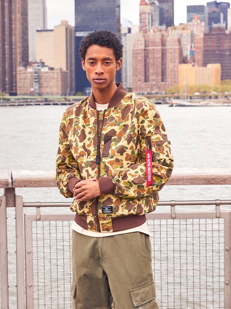 Alpha Industries L-2B Skymaster Gen II Bomber Jacket, sage green nylon, front zipper closure, ribbed cuffs and hem.