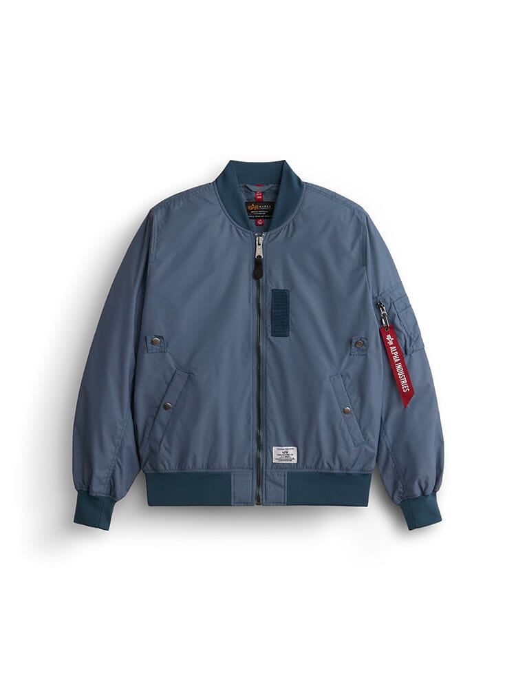 Alpha Industries L-2B Skymaster Gen II Bomber Jacket, Airborne Blue, lightweight nylon, ribbed cuffs and hem, front zipper, two pockets, red Remove Before Flight tag, oxygen tab on left sleeve zipper pocket.