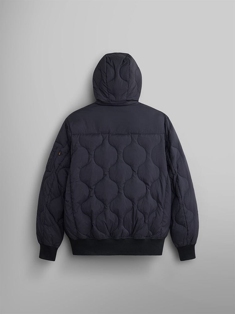 Back view the Lightweight Quilted Down Jacket in black by Alpha Industries, featuring a removable hood.