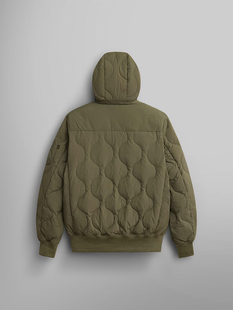 Back view of the Lightweight Quilted Down Jacket in olive green by Alpha Industries, featuring ribbed cuffs and a detachable hood.