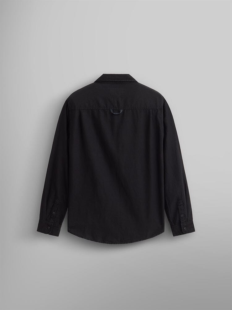 Alpha Industries Long Sleeve Multi Pocket Shirt, black, with multiple pockets and button closures.