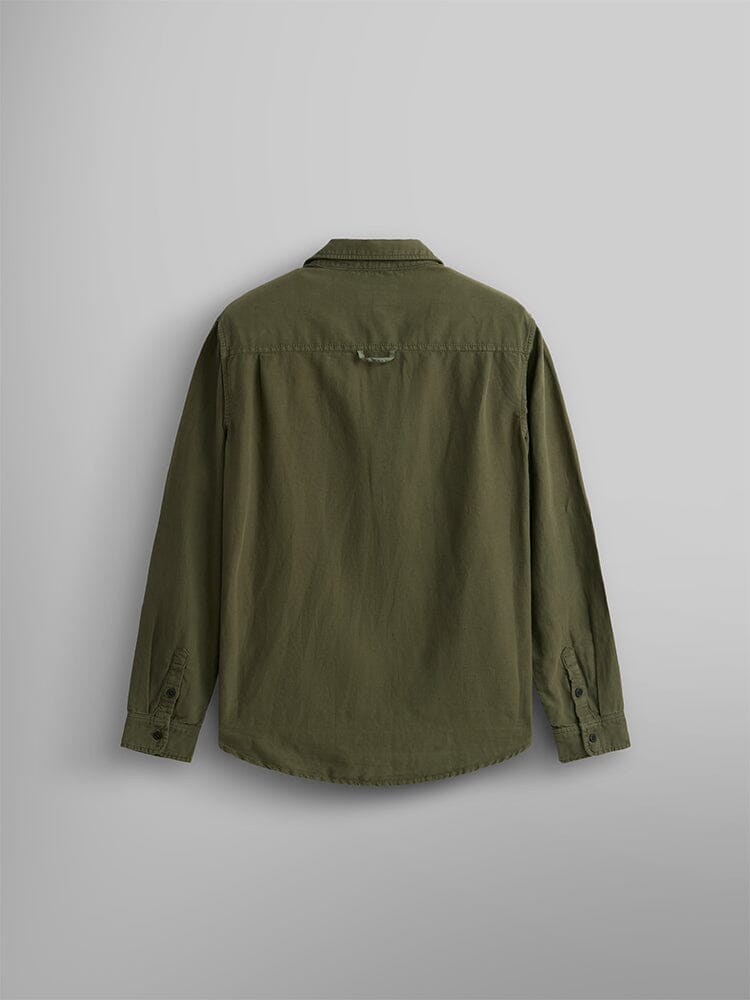 Alpha Industries Long Sleeve Multi Pocket Shirt, OG-107 Green, collared design, long sleeves.