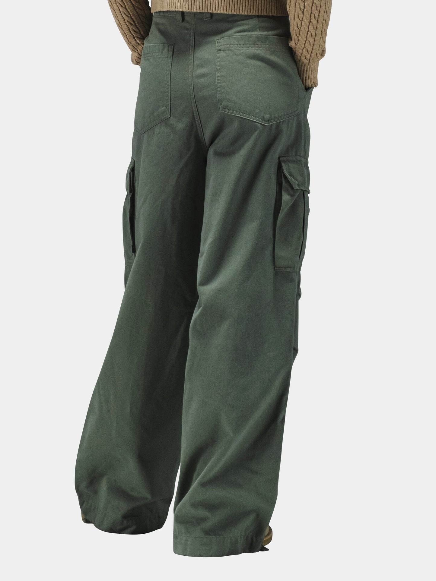 Alpha Industries M-65 Cargo Pant Womens, olive green, paired with a brown knit sweater.