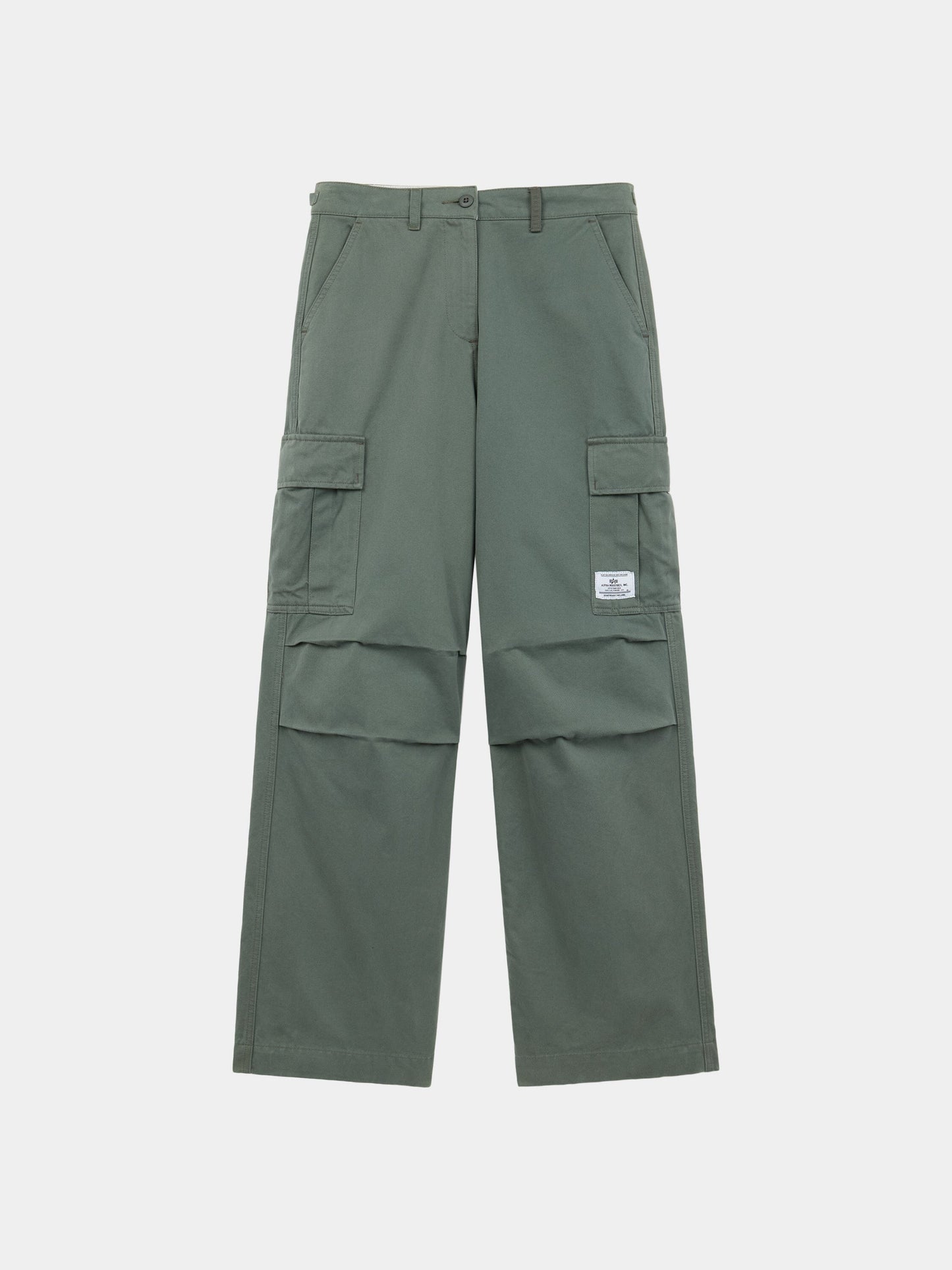 Alpha Industries M-65 Cargo Pant Womens in Field Gray with wide legs, side pockets, belt loops, and white brand tag on pocket.