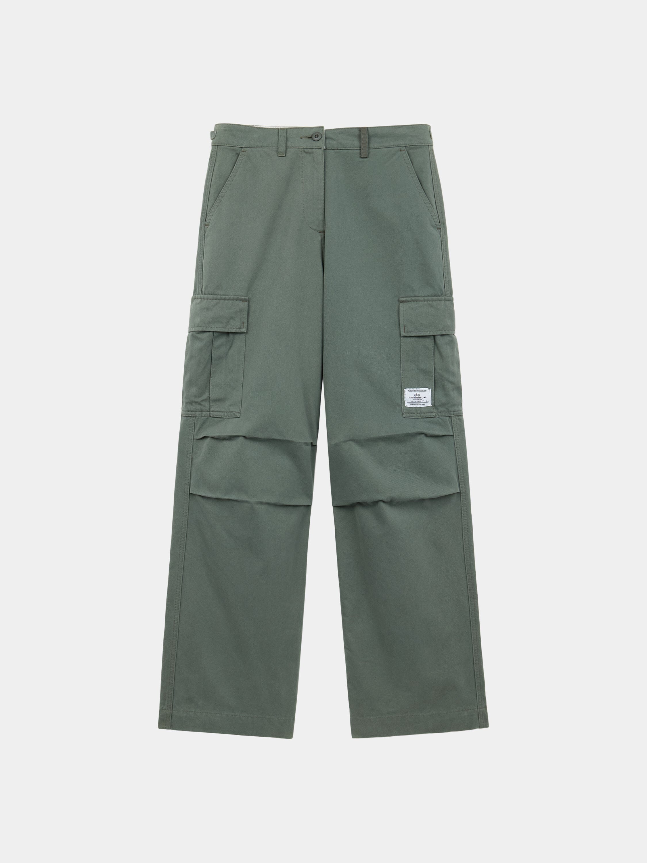 Alpha Industries M-65 Cargo Pant Womens in Field Gray with wide legs, side pockets, belt loops, and white brand tag on pocket.