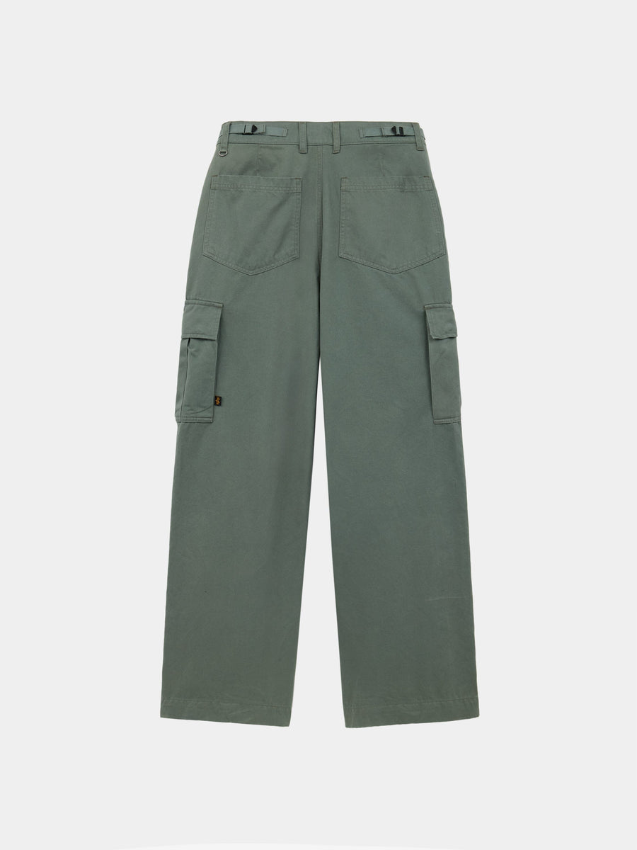 Alpha Industries M-65 Cargo Pant Womens in green with loose fit, back pockets, and side pockets.