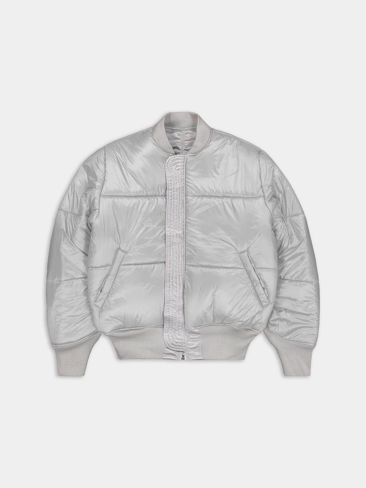Alpha Industries MA-1 3M Base Flight Jacket, light gray bomber with front zipper, ribbed cuffs, collar, and hem.