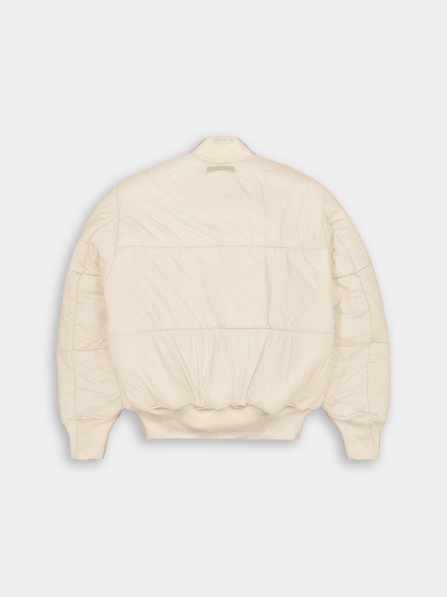 Alpha Industries MA-1 jacket, cream puffer with ribbed cuffs, hem, and collar.