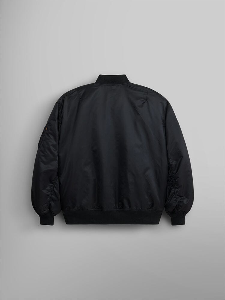 Alpha Industries MA-1 Bloodchit Gen II Bomber Jacket, black, nylon material, ribbed cuffs and hem, zip closure.